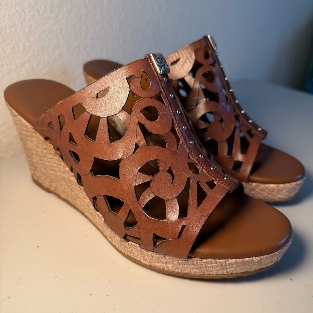 Brighton Daria Caramel Brown Leather Cutout Wedge Sandals